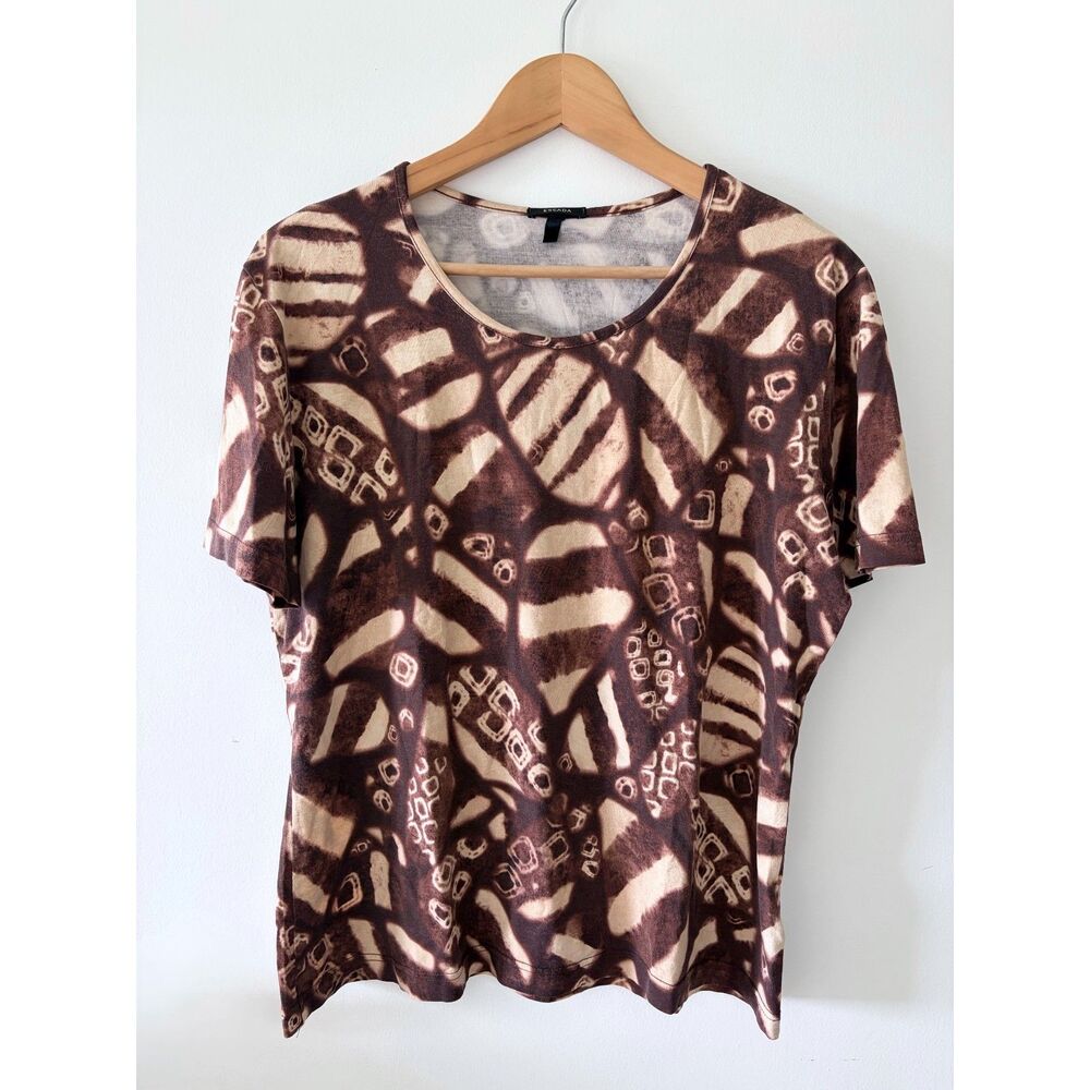 ESCADA Vtg Abstract Geometric Brown Cotton Blend Short Sleeve Top Womens 40 M-L